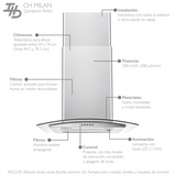 Campana de Pared IHD CH MILAN 60 de 60 cm (24 pulgadas) Filtros Purificadores en Acero Inoxidable y Cristal Curvo