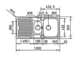 Tarja / Fregadero Teka PRINCESS 1 1/2C 1E I/D para Empotrar de 100 cm (39 pulgadas) con Dos Tinas y Escurridor en Acero Inoxidable